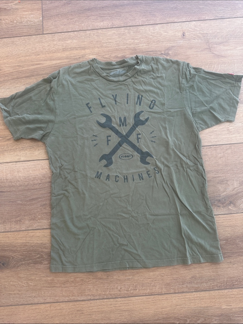 Flying Machine Olive Green Graphic Tee with Wrench Emblem
